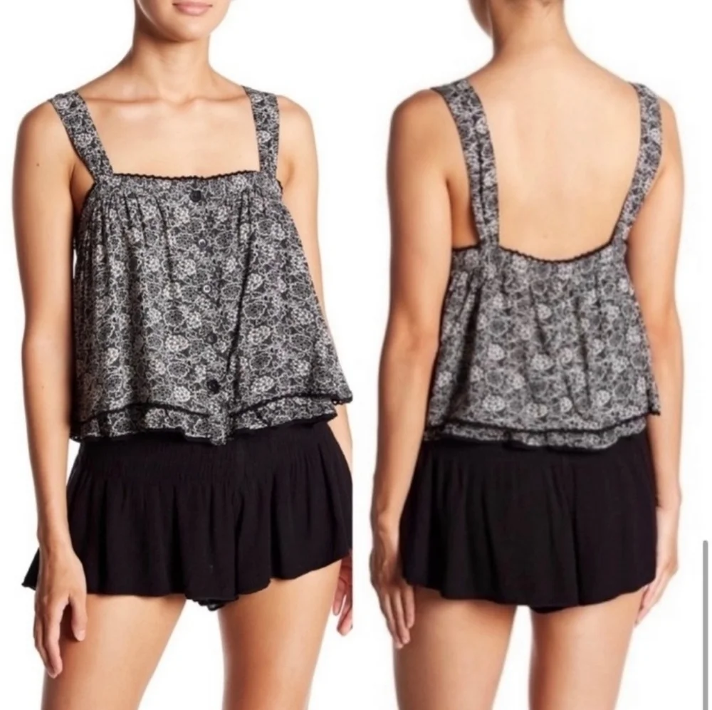 Free People Sweet Caroline Tank Top ruffle black white‎ floral sleeveless boho